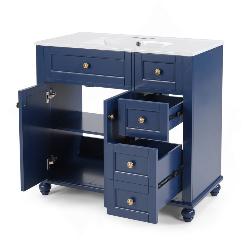 36" Blue Bathroom Vanity With Ceramic Sink - Soft-Close Drawers, Solid Wood Frame, Multi-Organizer Storage , 92X47x86cm