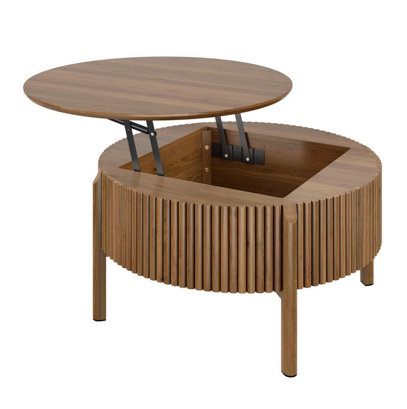 Table basse moderne en noyer de style campagnard, table basse ronde à plateau relevable avec compartiment de rangement dissimulé, table d'appoint centrale circulaire en bois massif cannelé pour les espaces de salon