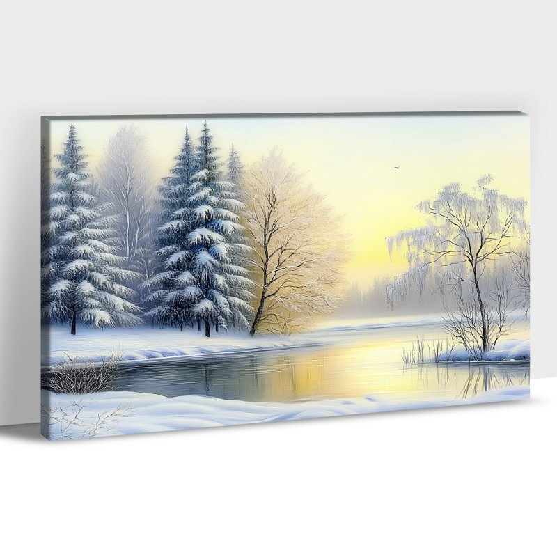 Grand paysage d'hiver, art mural sur toile pour le salon, chambre à coucher, arbres enneigés, peinture au lever du soleil, affiche de Noël de Noël