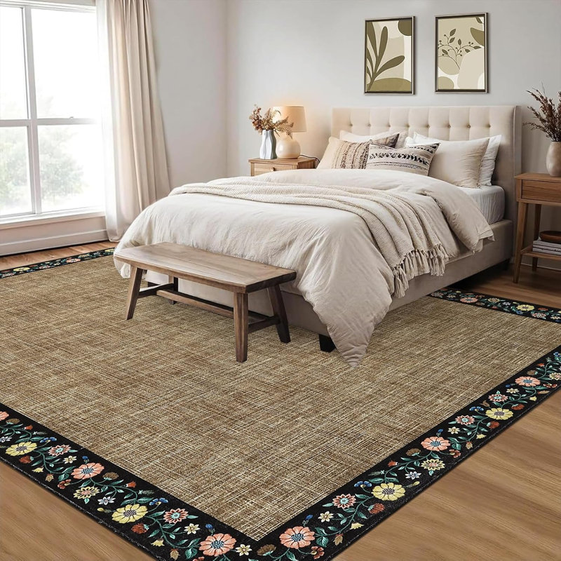 Modern Bordered Runner Rug 2x6 – Washable Non-Slip Low-Pile Carpet for Hallway, Kitchen, Bedroom, Bathroom, or Laundry Room, Soft Floral Print, Beige