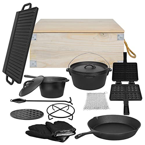 12-teilig Dutch Oven set mit Holzkiste Komplettes Gusseisen Satz