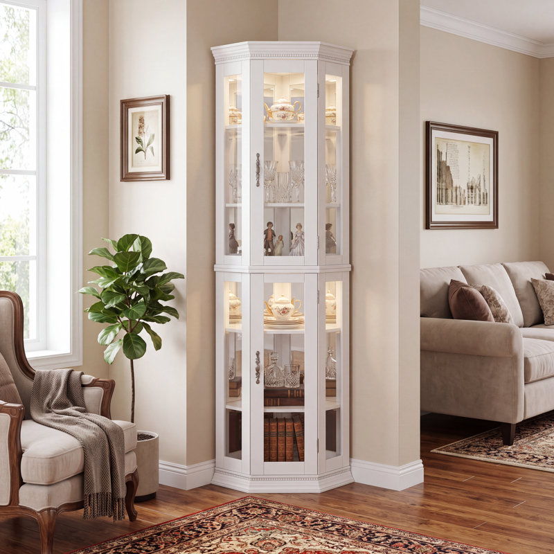Vitrine de coin lumineuse avec portes en verre et tablettes en verre, Blanc doux