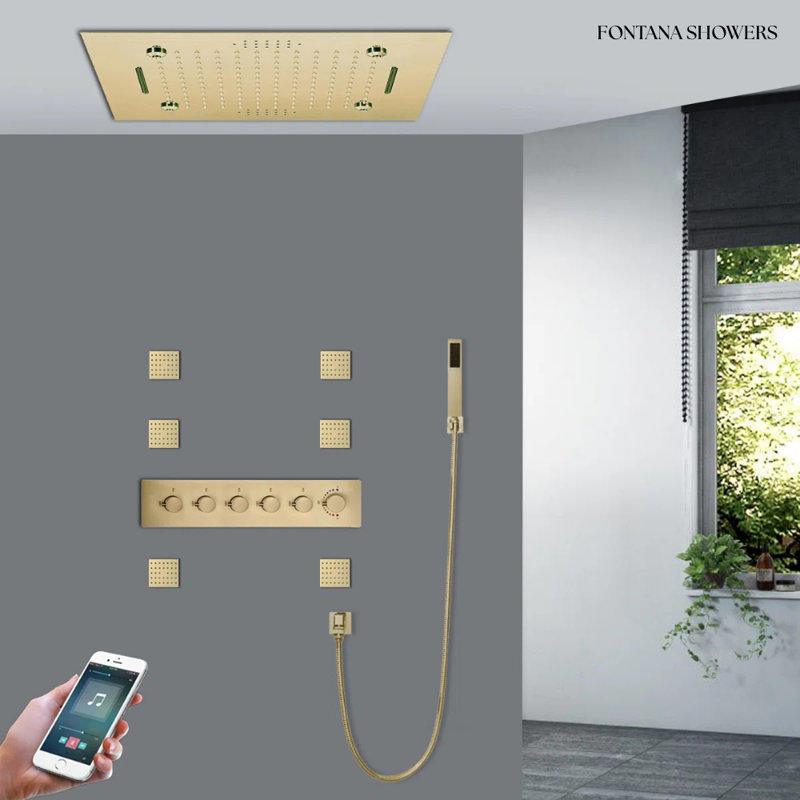 Crotone Brushed Gold Phone Controlled Thermostatic Recessed Ceiling Mount LED Rainfall Musical Shower System