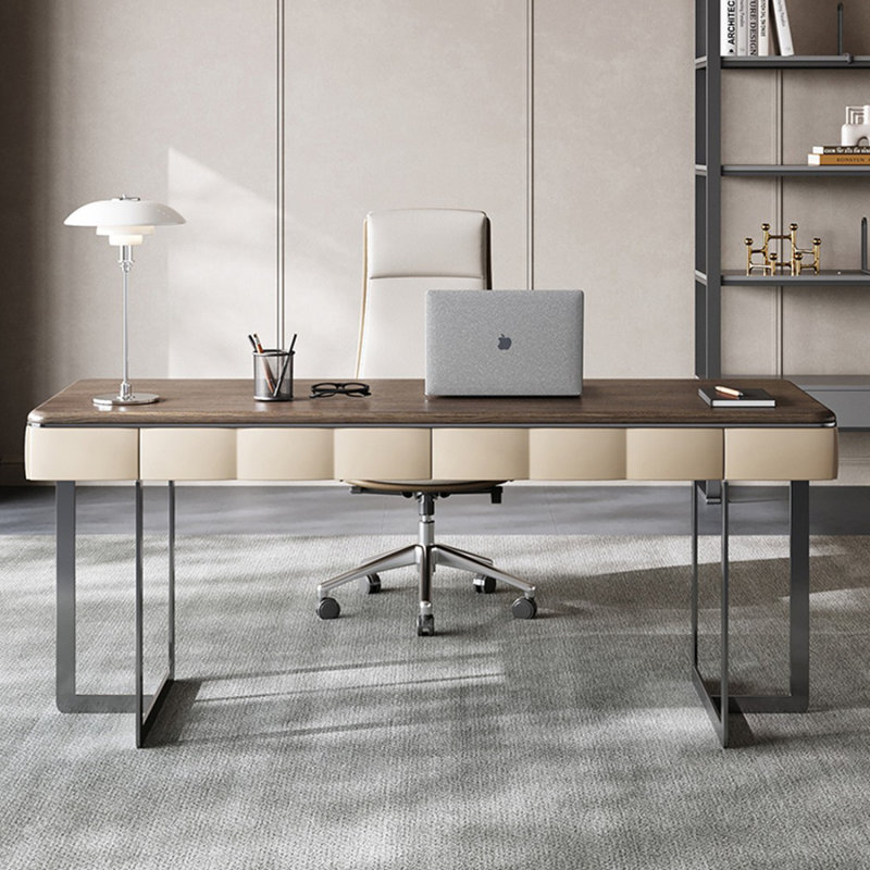 Bureau à 2 tiroirs brun + noir massif + bois manufacturé + acier inoxydable, H 29,53 po x l 55,12 po x P 27,56 po
