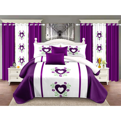 9pcs Quilt Bedding Set Purple Bedspread Queen Size for Modern Bedroom, Lightweight Comforter with 2 Pillow Shams, 6 Matching Curtains 86x86In