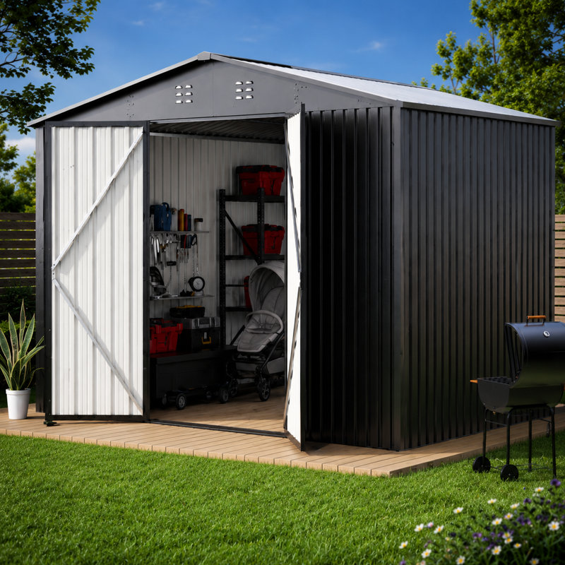 10 ft. x 10 ft. Metal Storage Shed with Lockable Door, Black, 82.8" H x 120" W x 120" D