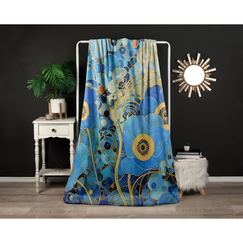 Throw Blanket, 51" W x 60" L, Floral/Abstract, Blue/Orange/Gold