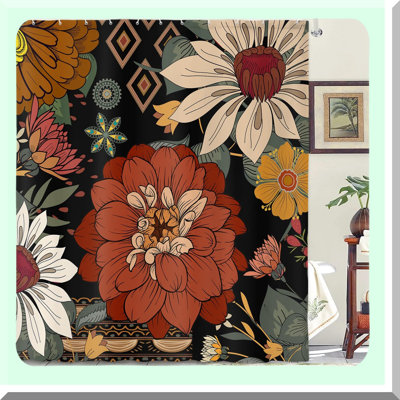 Retro Boho Floral Shower Curtain - Mid Century Modern Botanical Chic Fabric, Black
