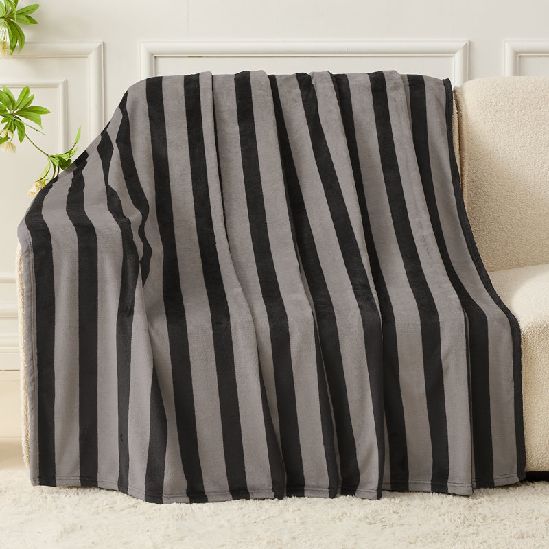 Couverture rayée en flanelle, Noir gris rayé, Jeté