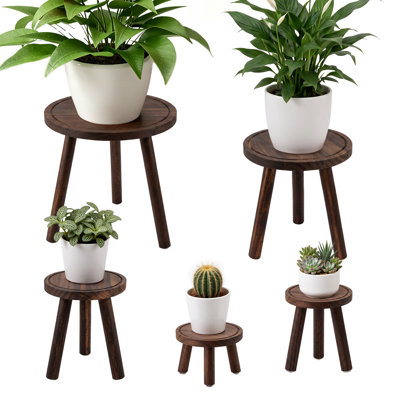 5-Piece Solid Pine Wood Plant Stand Set, Round Wooden Flower Pot Stands in Assorted Heights, Heavy-Duty Indoor Plant Holders for Living Room, Patio & Balcony