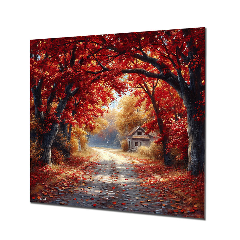 Red Autumn Road Coming Home - Art mural arbre, Sans cadre, métal, H 30 po x l 30 po
