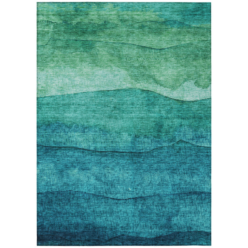 Tapis extérieur bleu sarcelle et vert abstrait lavable abstrait 5 pi x 8 pi Fagundes