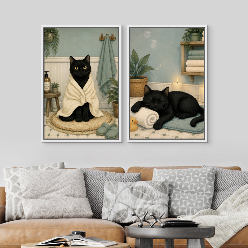 Chat, spa, serviette, bain, détente, sommeil douillet, salle de bain, humour, œuvre d'art, art mural encadré sur toile, 2 pièces
