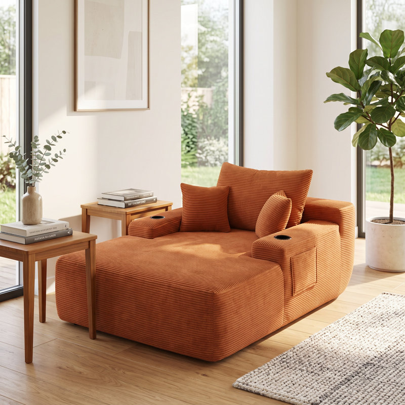 Canapé-lit avec méridienne convertible Unarepos Corduroy, Orange