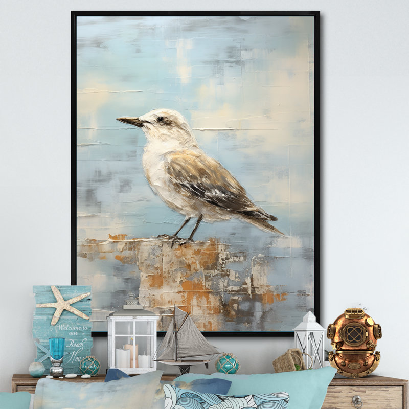 Beige et bleu mouette tranquillité sur toile, Cadre flottant noir, H 20 po x l 12 po x P 1 po
