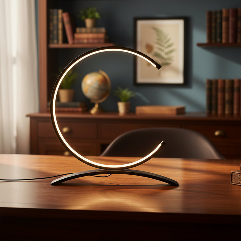 Crescent 13" LED Arch Table Lamp with Minimalist Pedestal Base, Black