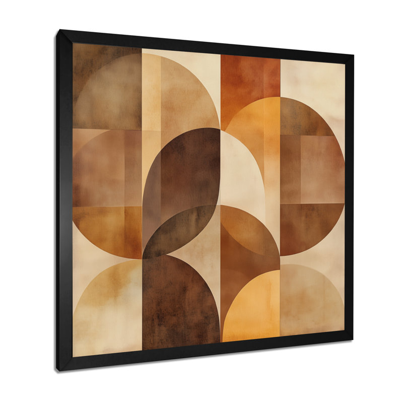 Composition en arc III - Formes abstraites - Tableau encadré aux tons terreux brun-orange, H 16 po x l 16 po