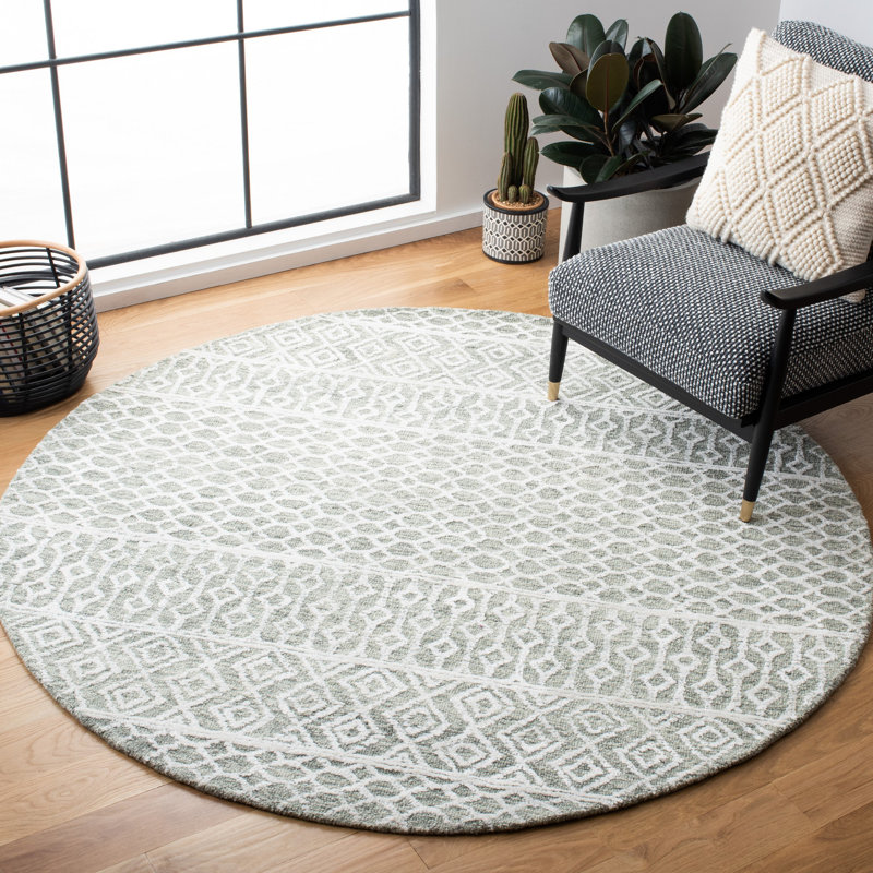 Percy Hand Tufted Wool/Viscose/Cotton Geometric Rug in Green/Ivory, Round 6'
