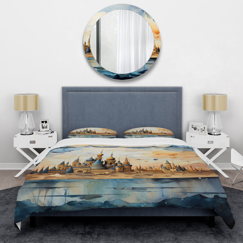 Ensemble de housse de couette Mosquée bleue et jaune, Housse de couette pour grand lit et 2 taies décor