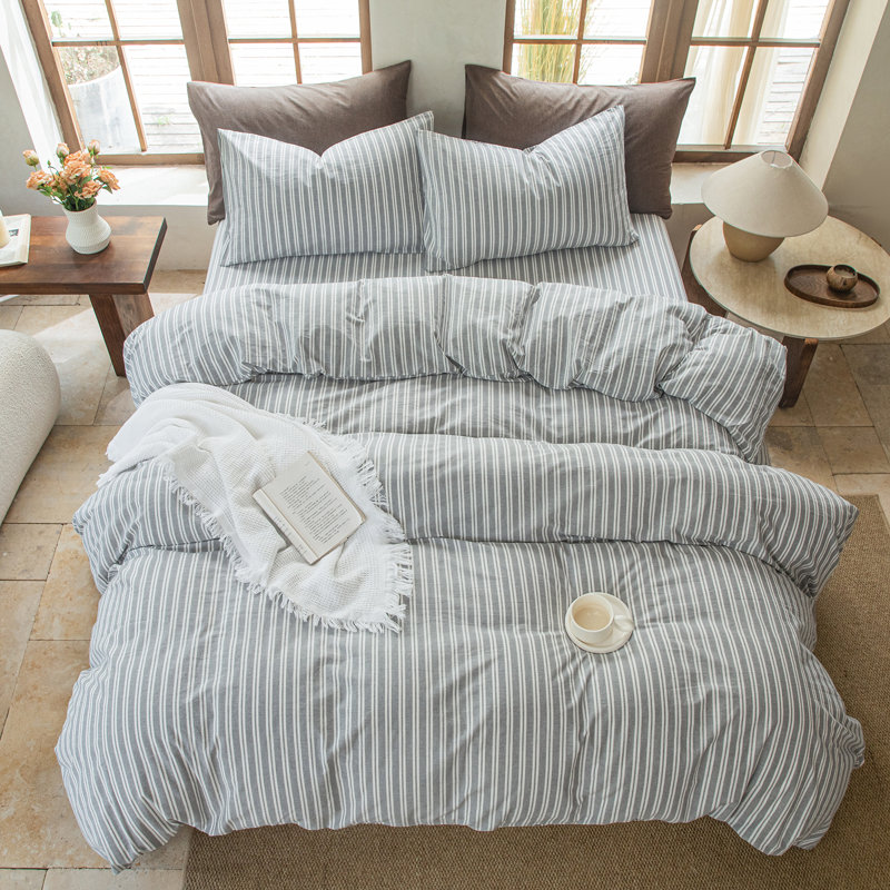 Ensemble de housse de couette rayé 100% coton délavé DONEUS, Gris clair, Housse de couette double + 2 taies d'oreiller stan