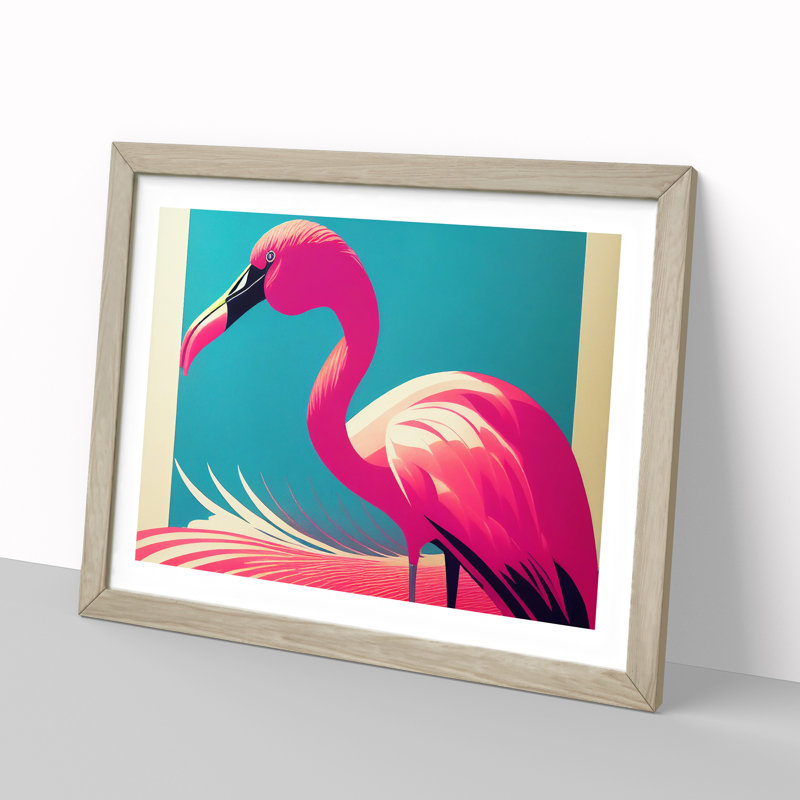 Delightful Flamingo - Single Picture Frame Print, 46cm H x 64cm W x 2cm D, Oak