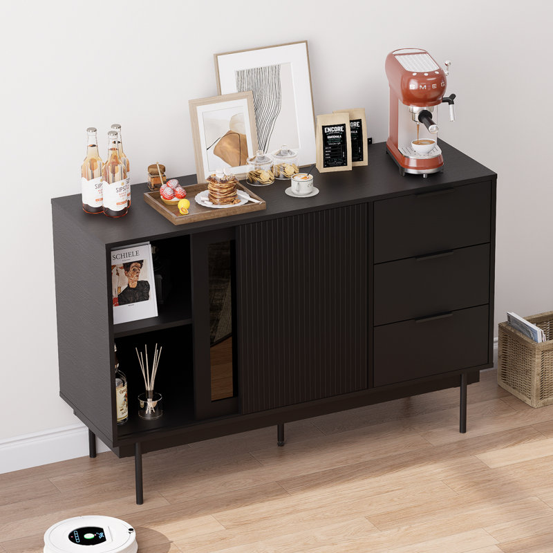 Black Wood Sideboard with Sliding Doors and Drawers, 47" x 31.5"