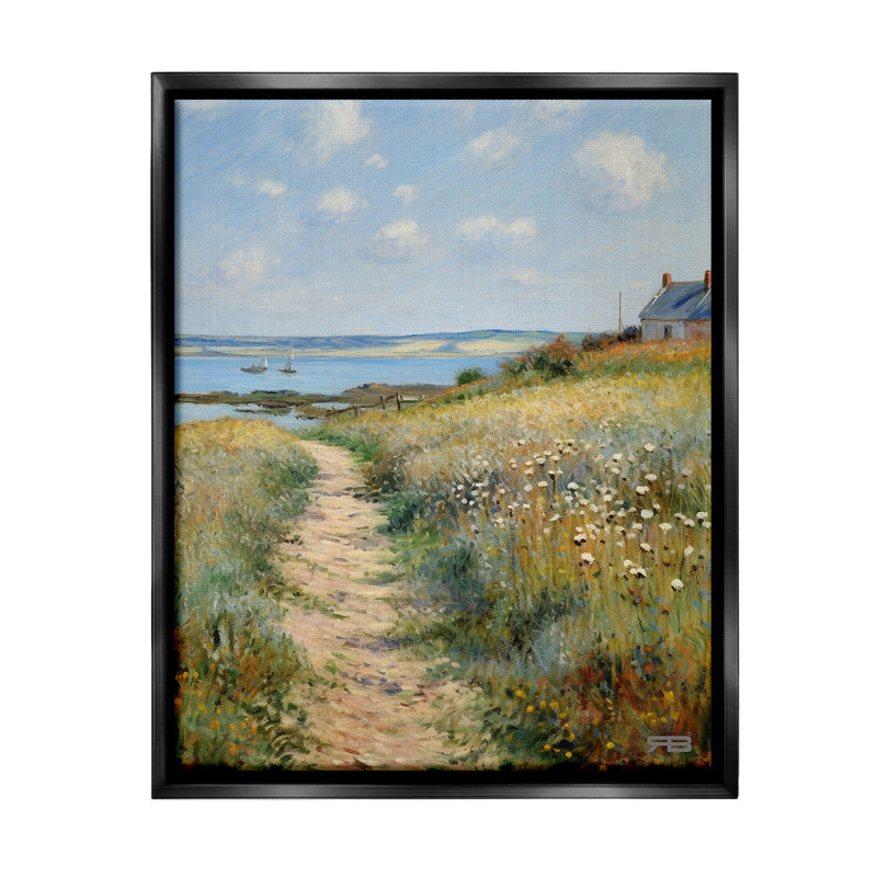 «Coastal Meadow Path», art mural encadré noir sur toile flottante par RB, Cadre flottant noir de jais, H 21 po x l 17 po