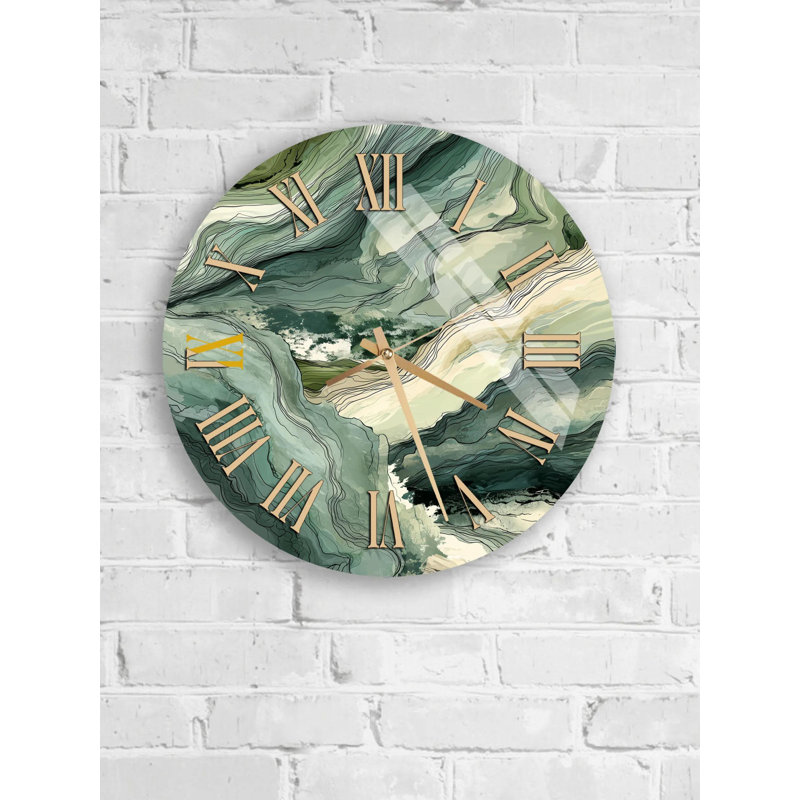 Horloge murale abstraite en verre trempé, conception artistique verte, décoration moderne, horloge à quartz silencieuse, pièce unique, cadeau de pendaison de crémaillère