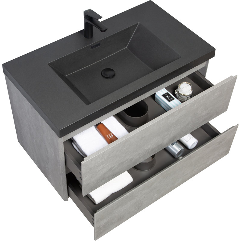 Meuble-lavabo flottant avec lavabo, meuble-lavabo mural moderne avec lavabo en quartz noir et tiroirs à fermeture en douceur