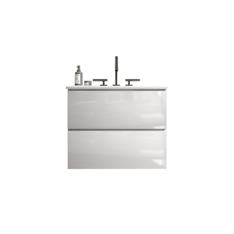 Meuble-lavabo blanc brillant 24 po à fixer au mur - évier en céramique 3 trous de robinet, espace de rangement abondant, installation silencieuse et abondante,