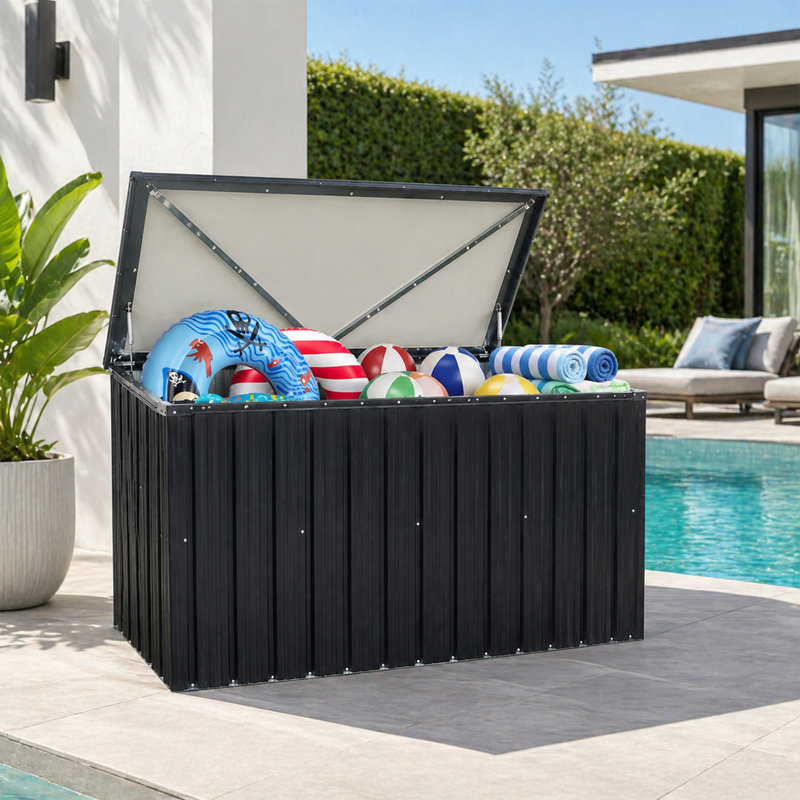 Boîte de rangement industrielle noire en métal pour couvertures, jouets et outils