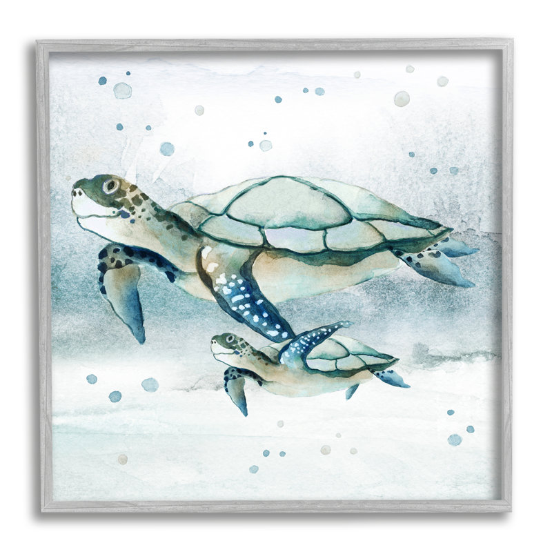 «Baby Sea Turtle Bubbles» encadré sur bois par Janet Tava, H 17 po x l 17 po x P 1,5 po, Estampe numérique Farmhouse