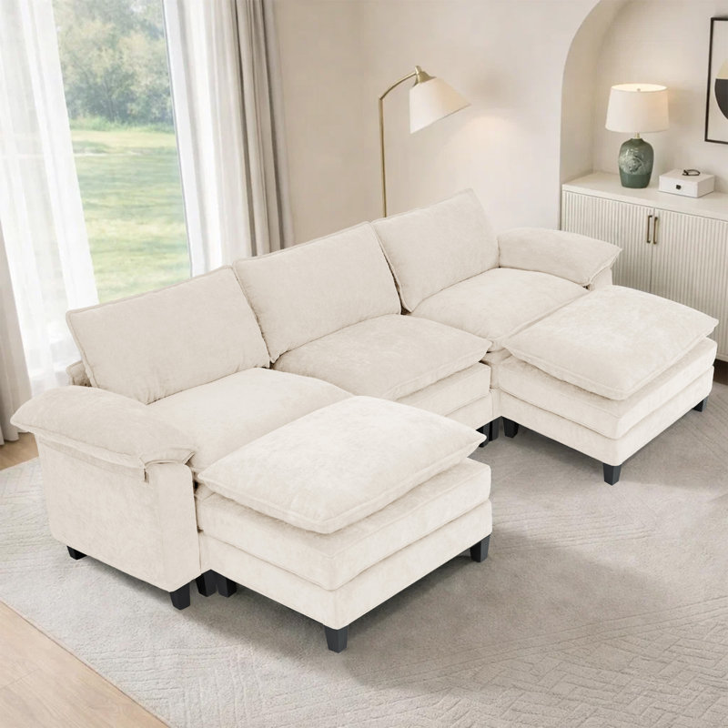 Canapé d'angle rembourré avec 2 repose-pieds, Tissu beige, H 37,4 po x l 113 po x P 61 po