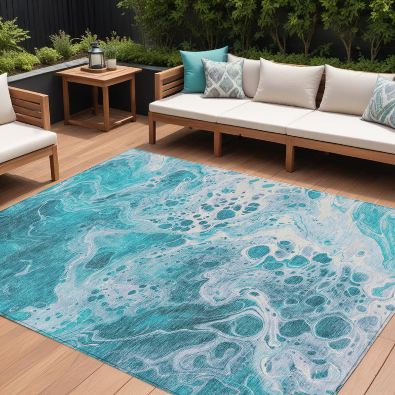 Tapis intérieur / extérieur bleu sarcelle et ivoire lavable abstrait Arpin 9 pi x 12 pi