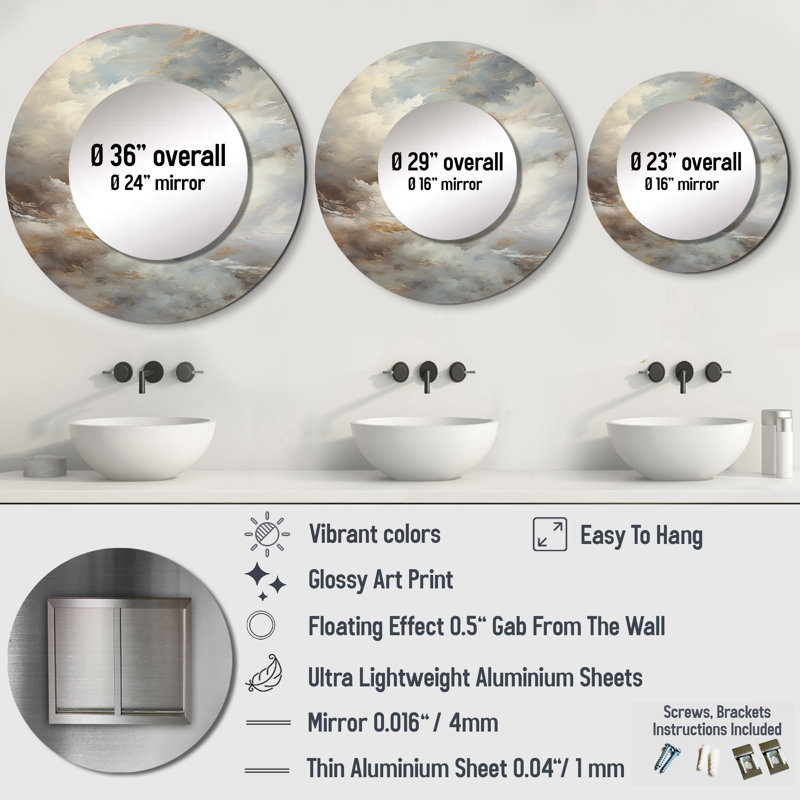 Mystic Gray Clouds Horizon II - miroir mural café, miroir décoratif rond gris, impression d'art en métal, 23 po x 23 po