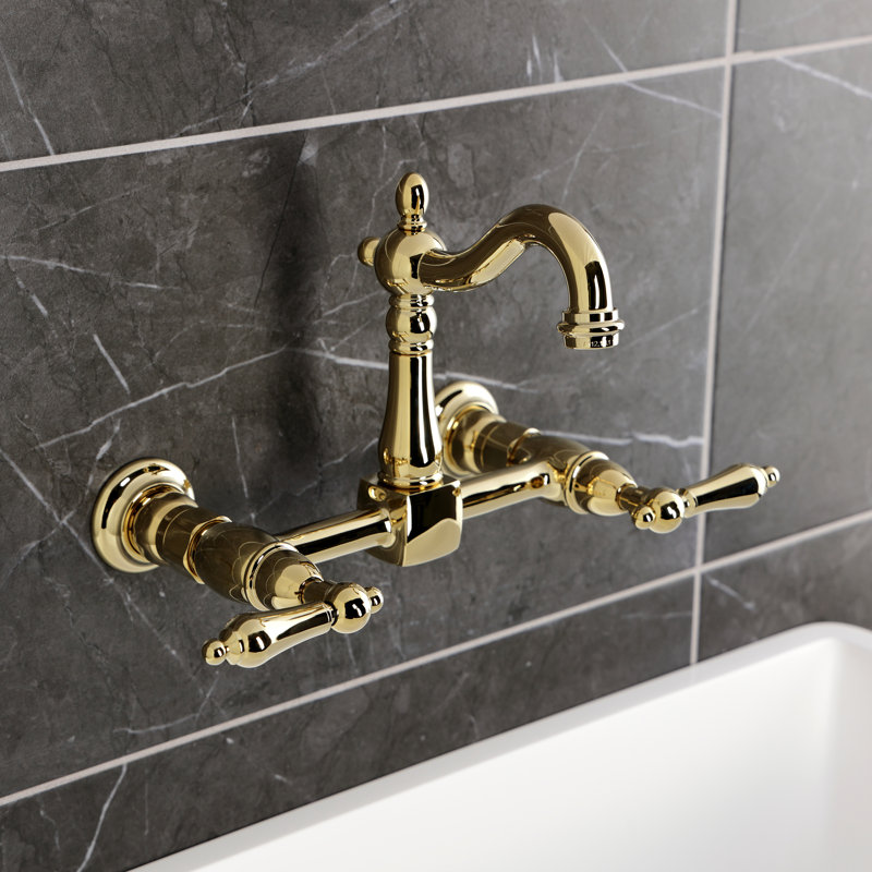 Kingston Brass Heritage Double-Handle 2-Hole Wall-Mount Bridge Kitchen Faucet, Polished Brass