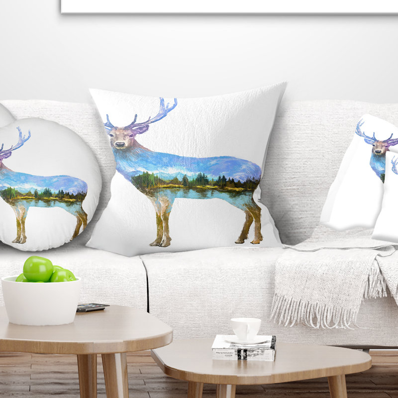 Deer Double Exposure - Coussin imprimé animal, 18 po x 18 po, Coussin décoratif