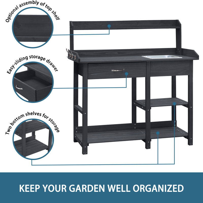 Outdoor Garden Potting Bench Table Work Bench with Stainless Sink and Drawer, Grey