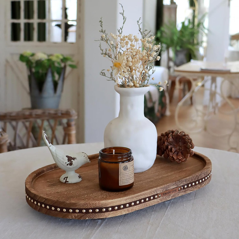 14.96" Solid Wood Oval Decorative Tray with Raised Legs for Home Decor
