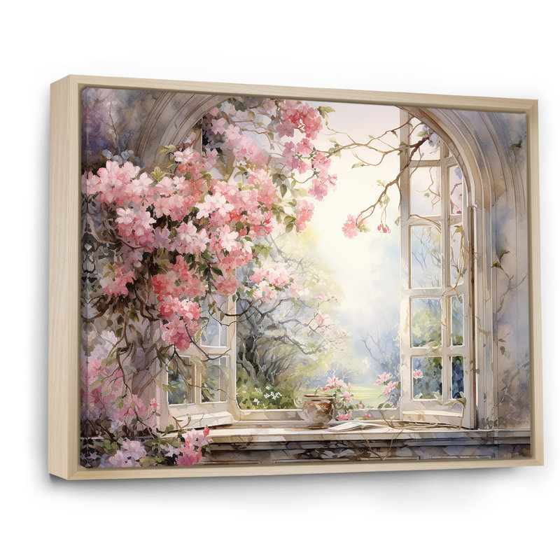«Pink Blossoming Country Window Gaze I», reproduction d'art sur toile, H 16 po x l 32 po, Reproduction avec cadre flottant