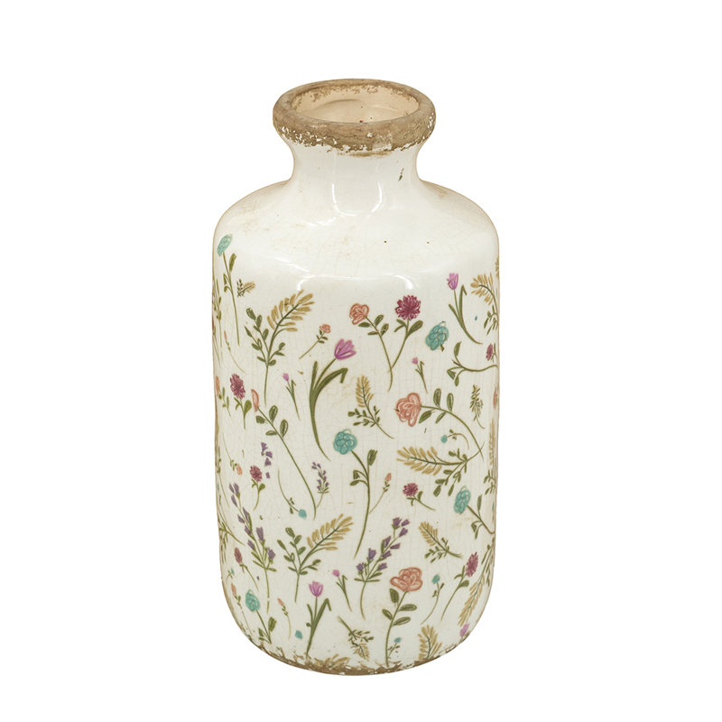 Ceramic Cylinder Vase With Multi-Colored Floral Motifs, 10.6"H X 5.3"D Weathered Rim Decorative Vase For Living Room, Dining Table, Bedroom