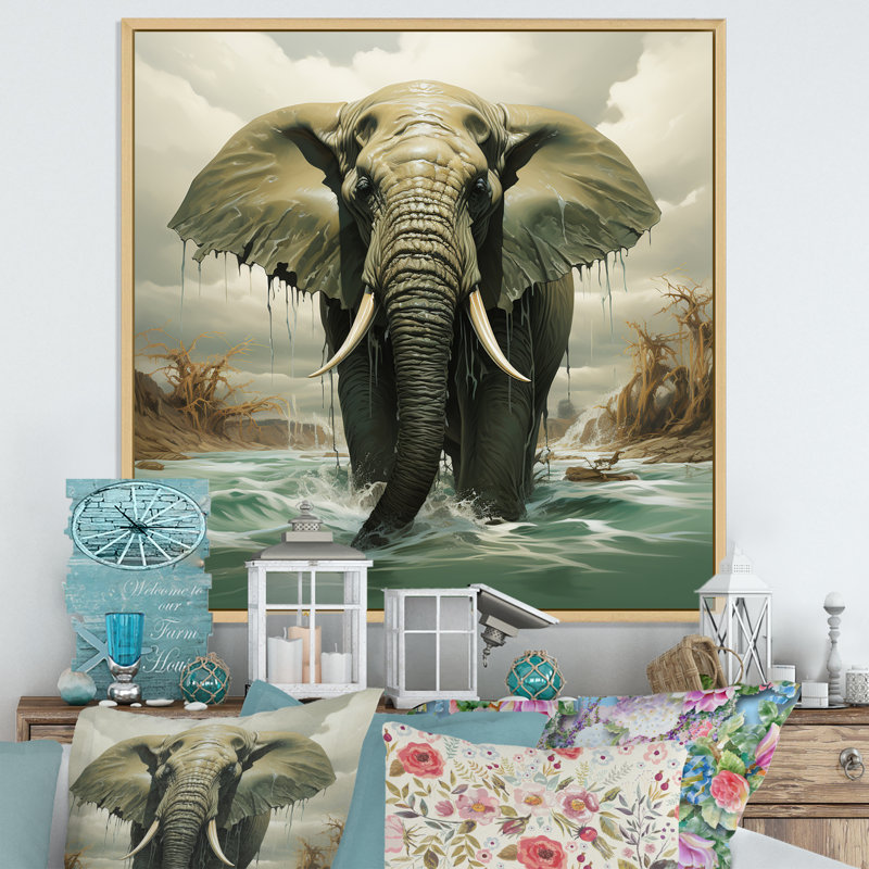 Éléphant gris, paysage de rêve - Éléphant, art mural, Cadre flottant brun, 36" H x 36" W