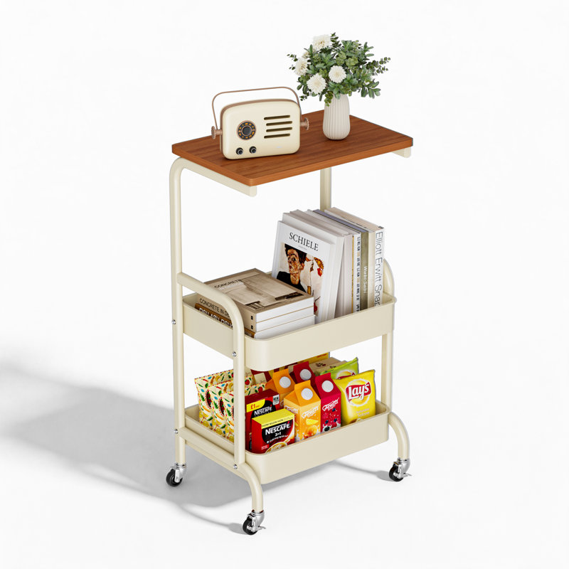 White 29.9'' H x 16.5'' W 3-Tier Rolling Utility Cart with 360° Swivel Locking Wheels, Wood Top and Metal Storage Baskets, Mobile Organizer Trolley Single