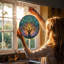 Vitrail arbre coucher de soleil panneaux vitrail Suncatcher pour décoration de fenêtre-129206190