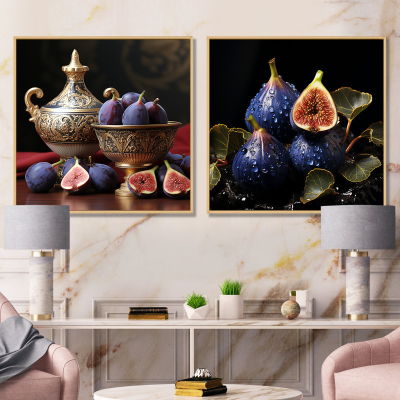 Ensemble de 2 fruits fruits Golden Fig Elegance I - fruits, art mural, Cadre flottant brun, H 30 po x l 61 po x P 1 po