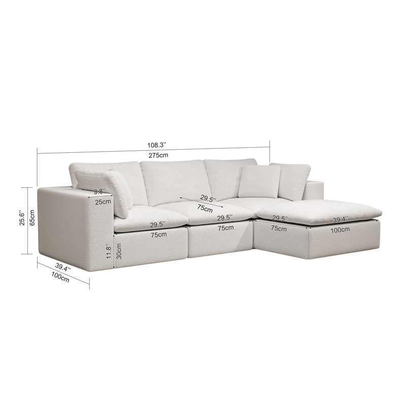 108.3" Beige Large Modular Sectional Sofa,Convertible 3-Seater Floor Couch,No Assembly Required ,Plush Chenille Fabric With Pillows,Modern Minimalist 