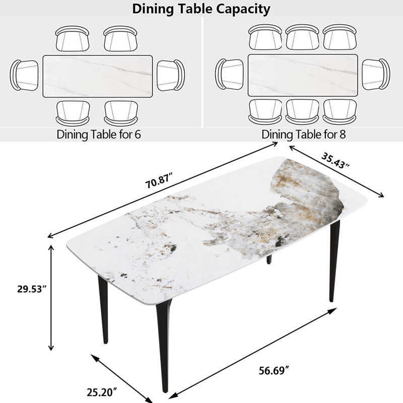 Table de salle à manger Eniel, Noir, H 29,5 po x P 35,5 po x L 71 po, Marbre blanc