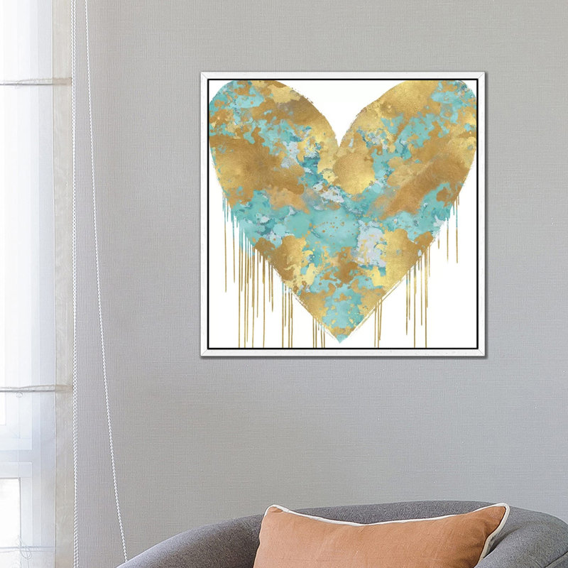 Big Hearted Aqua And Gold by Lindsay Rodgers - Print on Canvas, 66.04cm H x 66.04cm W x 3.81cm D, White Framed