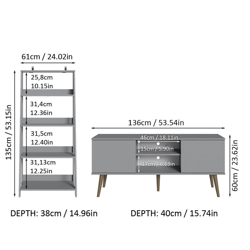 Meuble télé avec 2 portes et 2 tablettes latérales Latitude, Gris