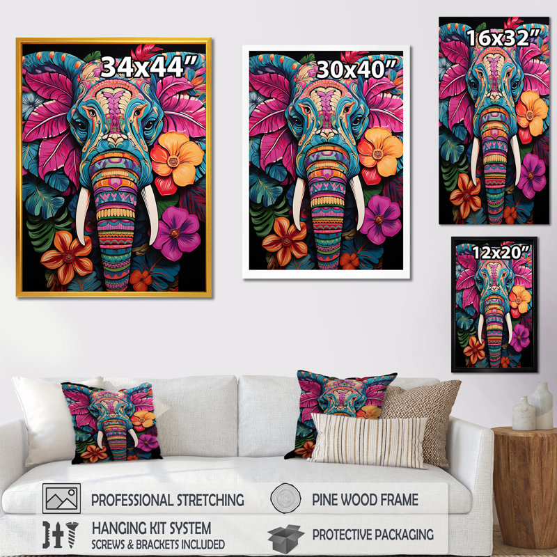 «Blue and Pink Jungle Elephant Jamboree», art mural éléphant, Cadre flottant noir, H 32 po x l 16 po x P 1 po